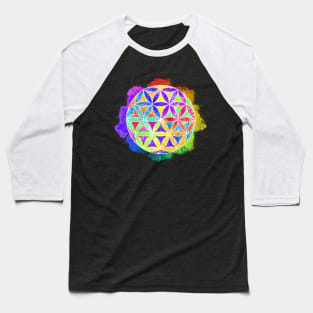 Rainbow Geometric Circle Flower Mandala - White Outline Baseball T-Shirt